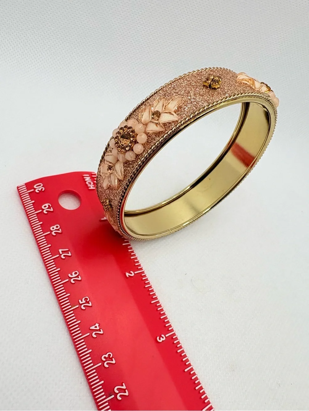 Rosy Pink Peach Color Glitter Bangle Floral Beaded Design Goldtone Size 6.5